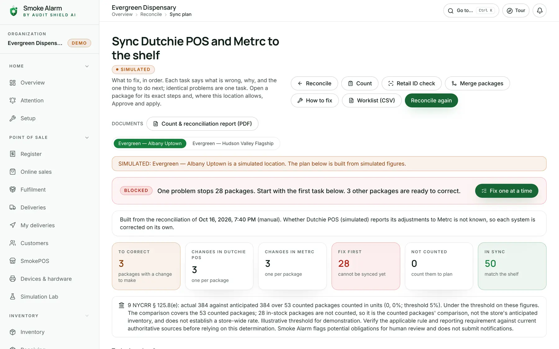The Sync plan: what to correct in Dutchie POS and Metrc, with counts of packages to correct, to fix first and in sync